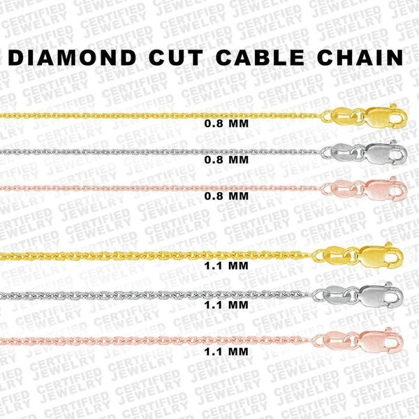 Solid 10K Yellow, White Or Rose Gold Diamond Cut Cable Link Chain Necklace, 16" 18" 20" Inch,  0.8mm 1.1mm, Delicate Dainty Gold, For Women