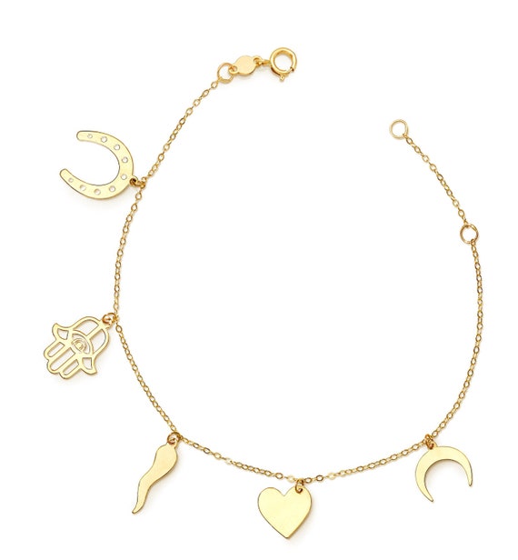 14k 7 Yellow Gold Charm Bracelet with Spring Ring Clasp ADJUSTABLE sizing  for any size up to 8