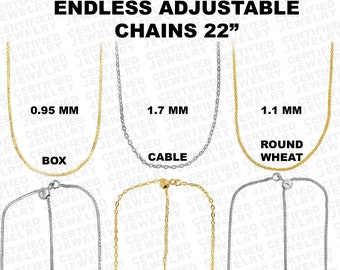 14K Gold or White Gold Endless Adjustable Necklace Chain with Endless Lock, Real 14k Gold, BOX, CABLE, WHEAT, 22" Inches, Women's Jewelry