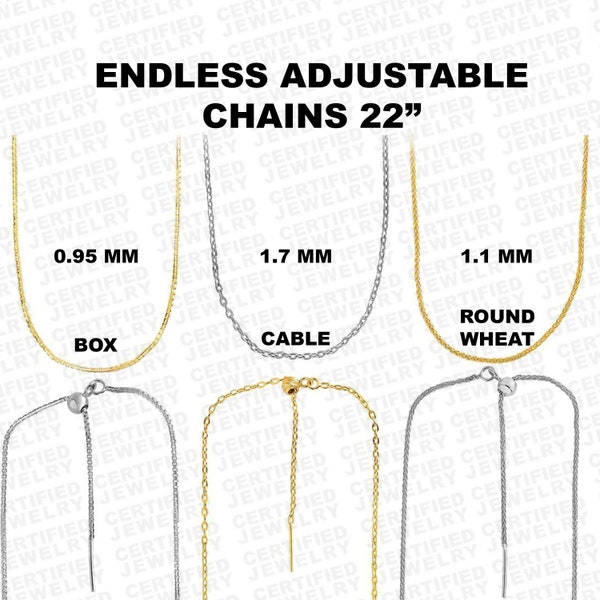 14K Gold or White Gold Endless Adjustable Necklace Chain with Endless Lock, Real 14k Gold, BOX, CABLE, WHEAT, 22" Inches, Women's Jewelry