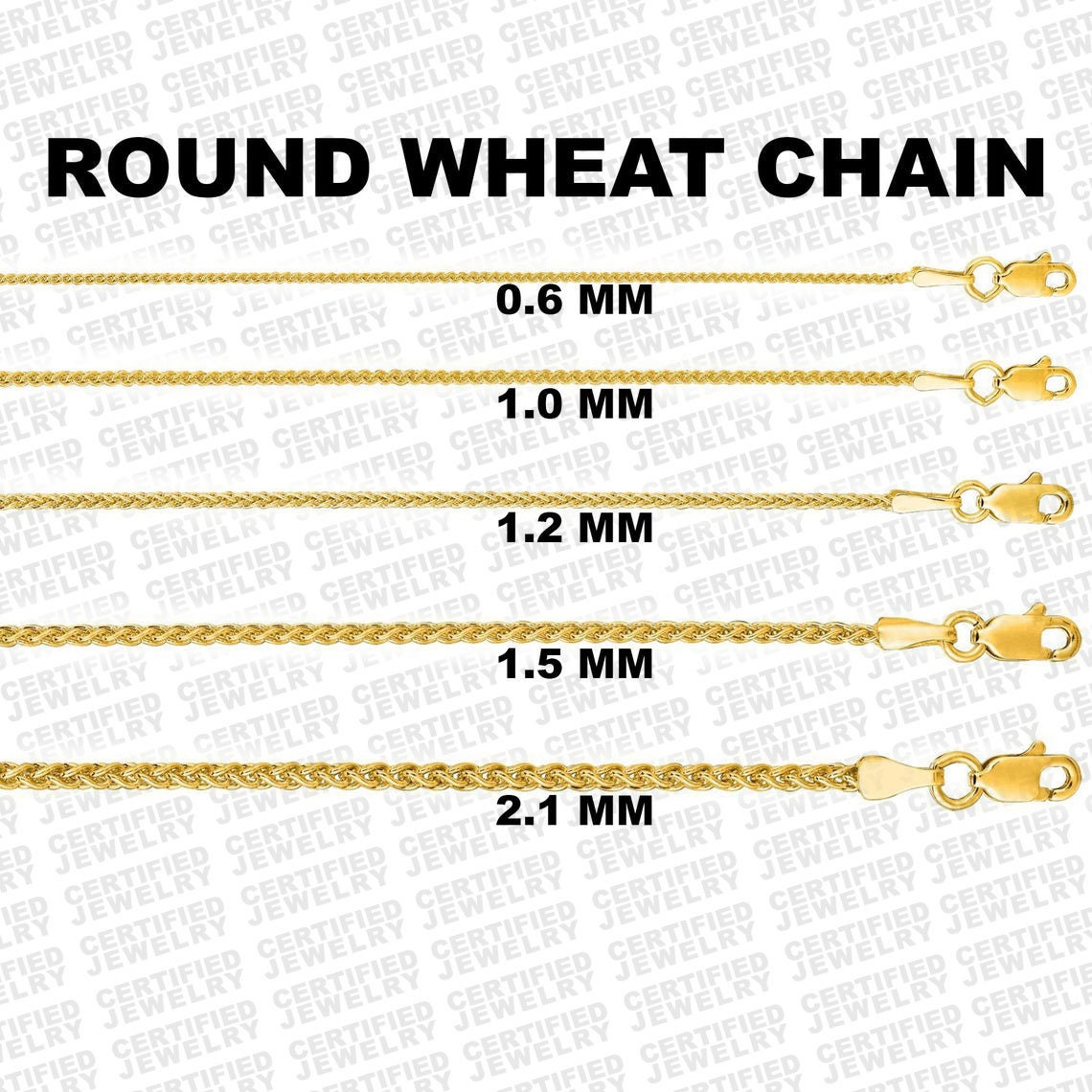 Solid 14K Yellow Gold Round Wheat Chain 
