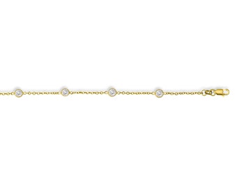 14k Yellow or White Gold Anklet Cable Link Chain With Round Faceted White Cubic Zirconia - 10" Inches