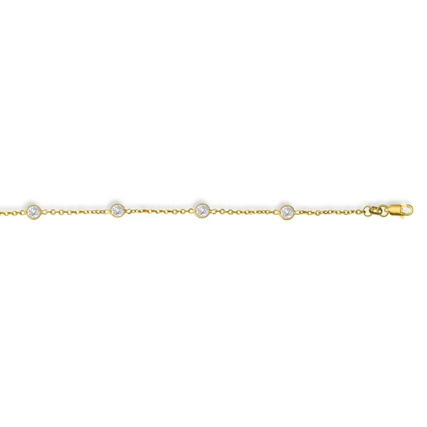 14k Yellow or White Gold Anklet Cable Link Chain With Round Faceted White Cubic Zirconia - 10" Inches