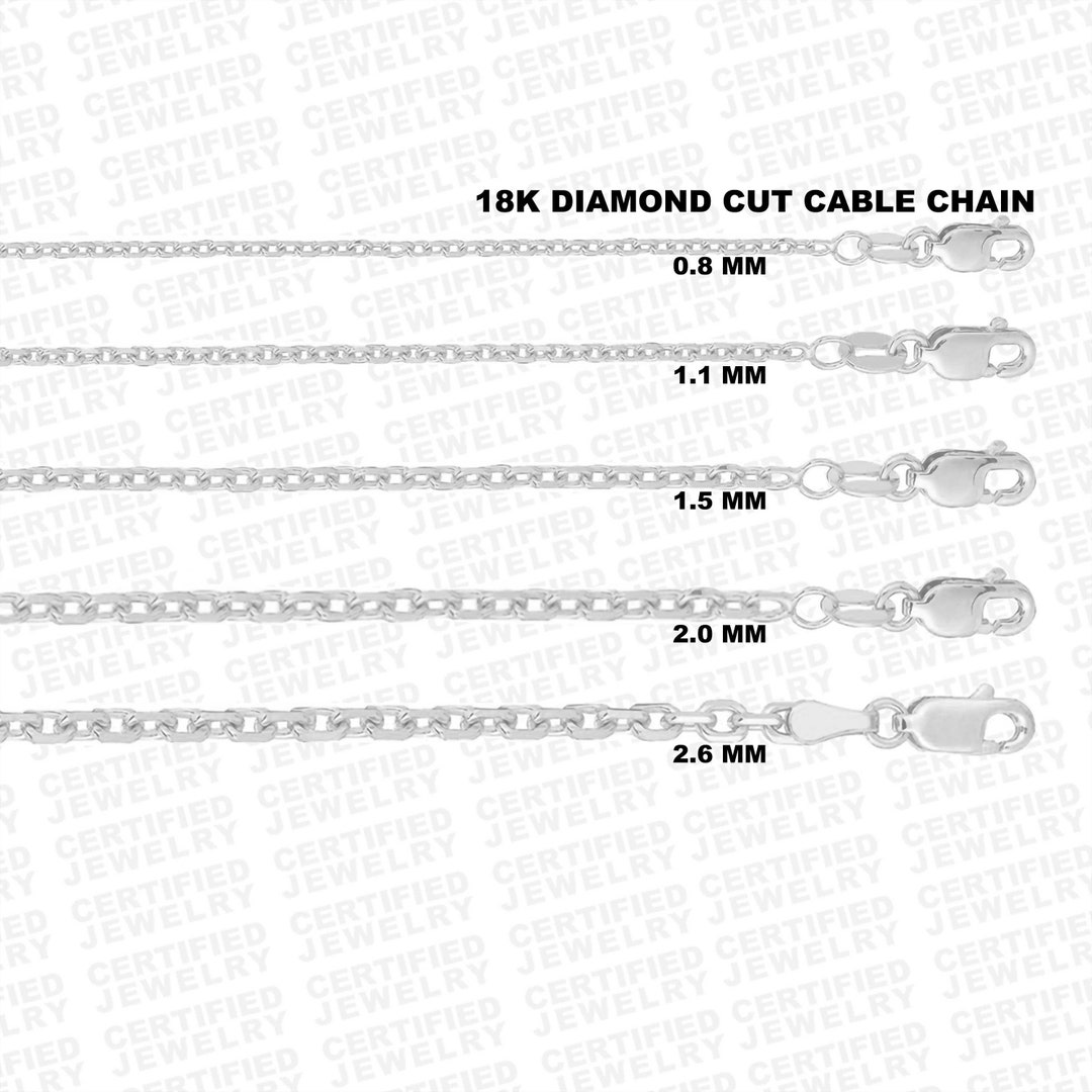 Solid 18K White Gold Cable Chain, 18kt White Gold Diamond Cut Cable