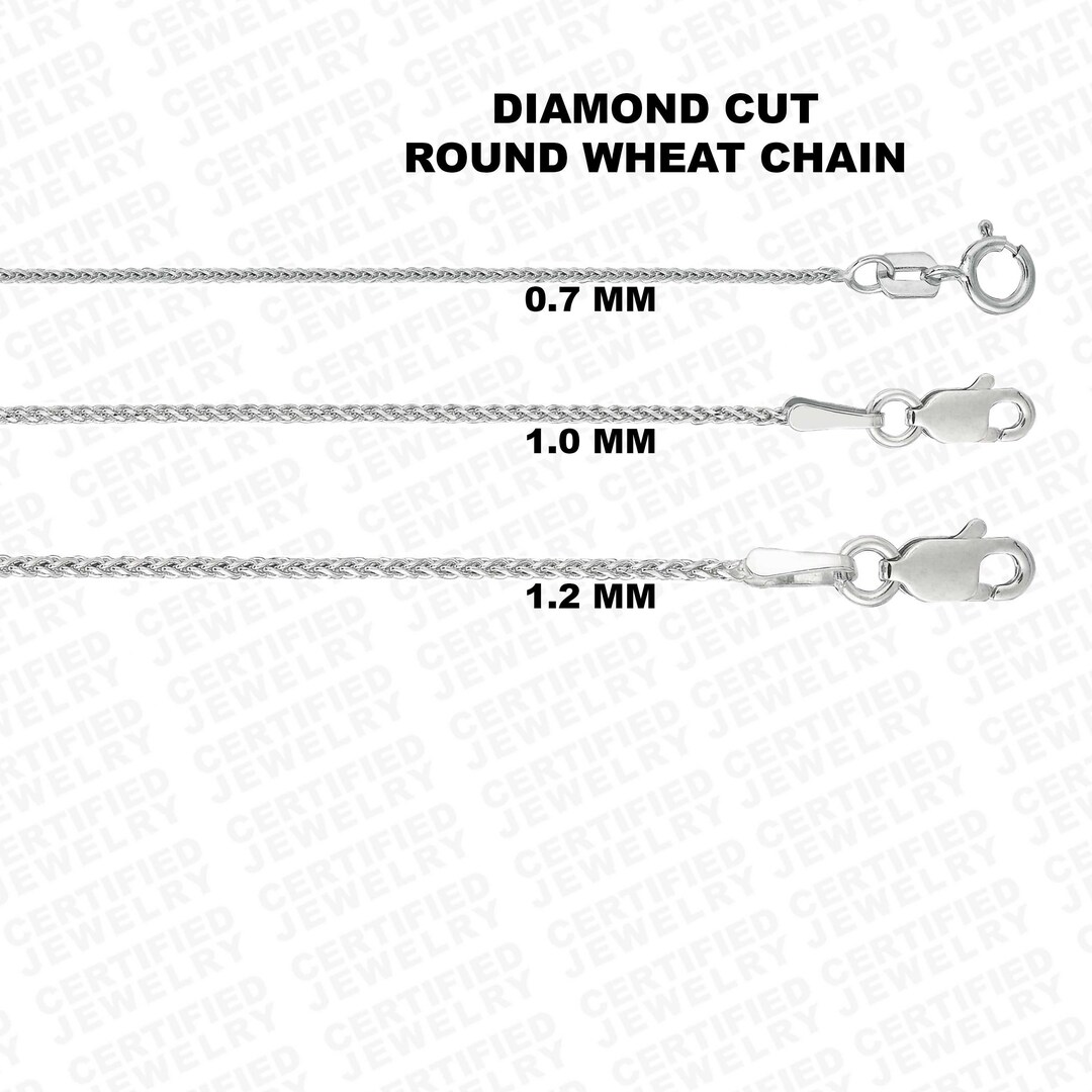 14K Solid White Gold Diamond Cut Wheat Chain Necklace. 0.7mm 1.0mm 1.2mm, 1630, Real White Gold