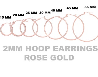 14K Rose Gold Hoop Earrings, Sizes 15mm 20mm 25mm 30mm 40mm 45mm 55mm, 2mm Thick, Classic Hoop Earrings, 14K Gold Hoops, Women Hoops 14K