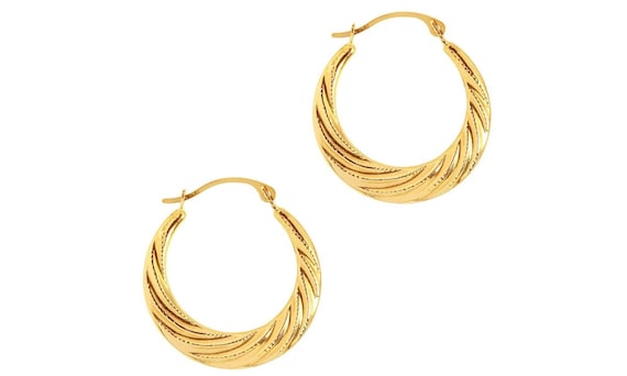 10K Yellow Gold Textured Graduated Hoop Earring With With - Etsy