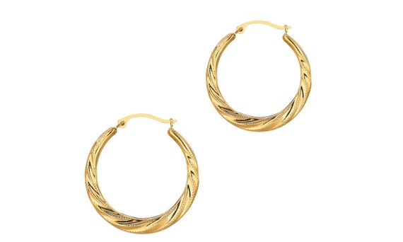 10K Yellow Gold Shiny Textured Fancy Twisted Hoop Earring with Hinged Clasp