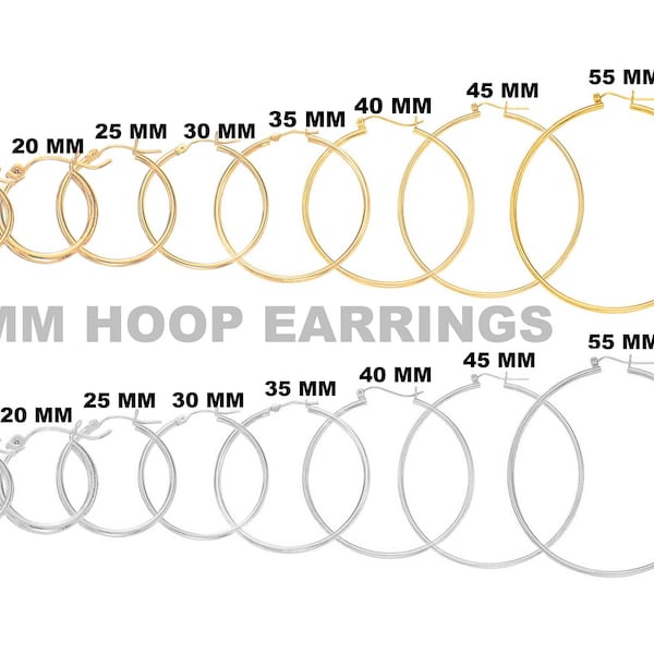 14K Yellow or White Gold Hoop Earrings, Sizes 15mm 20mm 25mm 30mm 40mm 45mm 55mm, 2mm Thick, Classic Hoop Earrings, 14K Gold Hoops, Women