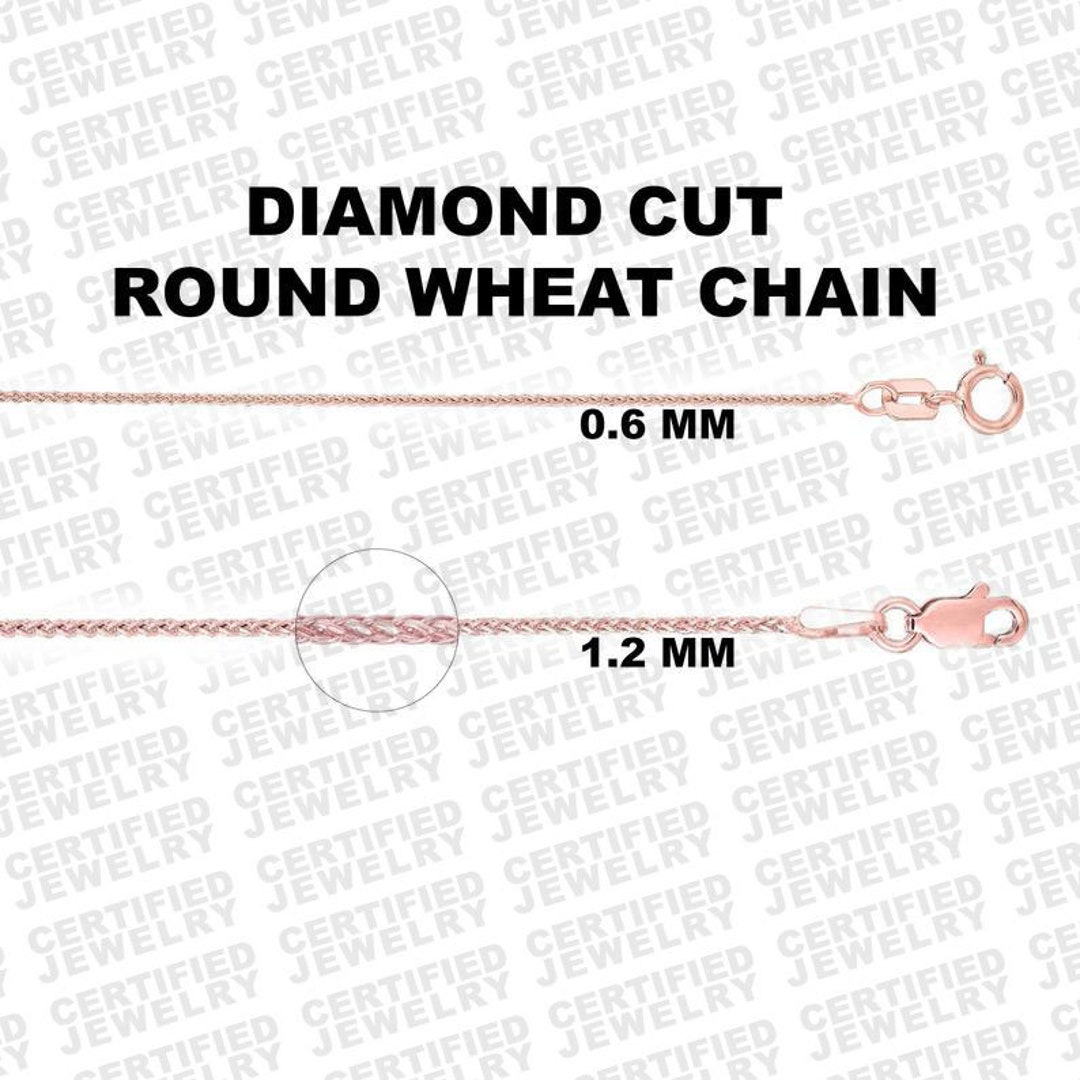 Solid 14K Rose Gold Wheat Chain Necklace 16 18 20 Inch, 0.6mm 1.2mm Thick, Diamond Cut Chain