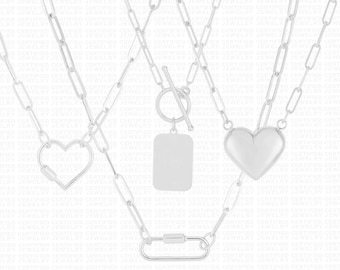 14k White Gold Paperclip Chain Necklace, Heart, Tag Toggle, Classic Carabiner, Real Gold 18" Inch Engravable Tag, Women Gold Necklace