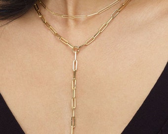 14K Gold 17" Inches Lariat Paperclip Y-Necklace with Pear Shaped Lobster Clasp, Women Jewelry, Italian Made Jewelry, SALE