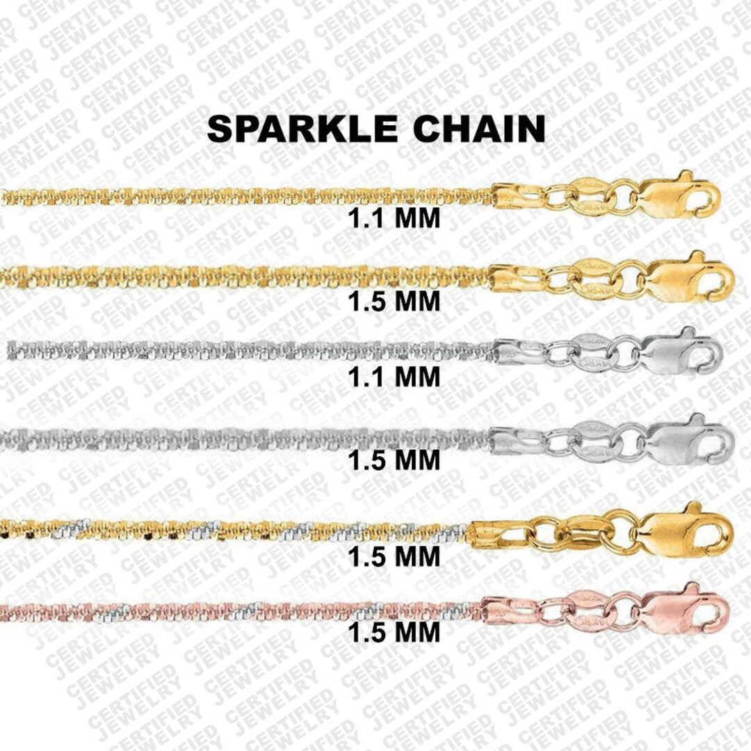 Solid 14K Gold Sparkle Rope Chain Necklace, 16 18 20 Inch, 1.1mm 1.5mm