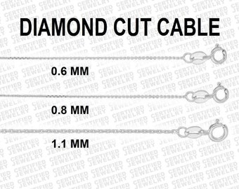 Solid 14K White Gold Diamond Cut Cable Link Chain Necklace, 16" 18" 20" 24" Inch, 0.6mm 0.8mm 1.1mm, Delicate Dainty Gold Chain, For Women