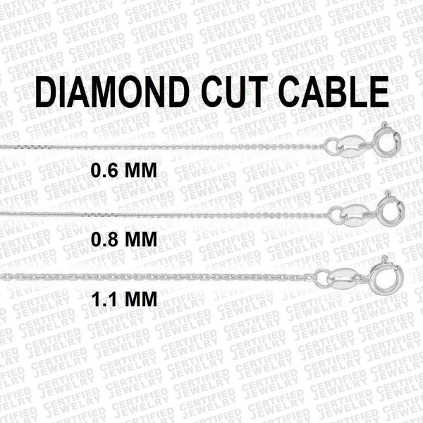 Solid 14K White Gold Diamond Cut Cable Link Chain Necklace, 16" 18" 20" 24" Inch, 0.6mm 0.8mm 1.1mm, Delicate Dainty Gold Chain, For Women