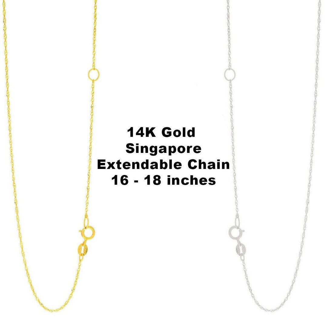 Solid 14K Gold Singapore Chain Necklace, 16 18 Inch Extendable, 1mm Wide, 14K White Yellow Gold