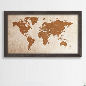Arte murale incisa personalizzabile, Mappa del mondo in legno, Decorazione murale rustica, Decorazione murale con mappa, Gif per lei, Mappa del mondo, Cornici in rovere, Decorazione murale