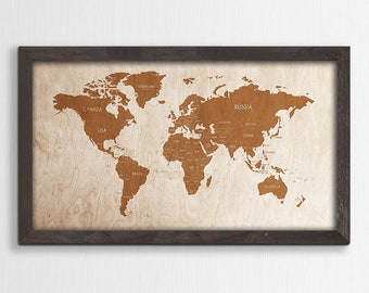 Customizable engraved wall art, Wooden worl map, Rustic wall decor, Map wall decor, Gif for her, World map, Oak frames, Wall decor