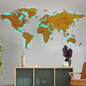 Mapa del mundo de madera iluminado por LED clásico