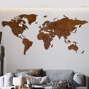 Carte murale en bois avec villes et rivières Carte du monde en bois avec impression Carte murale en bois Décoration d'intérieur en bois Cadeau de Noël Carte du monde épaisse