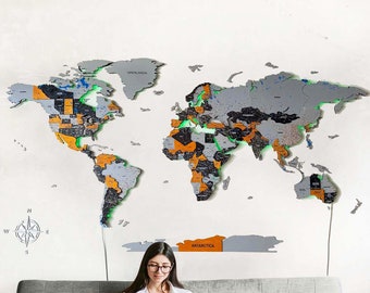 3D Wooden World Map with LED, Gray & Green, Home Decor