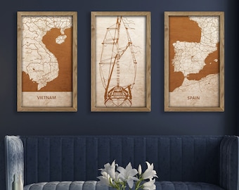 Customizable Engraved wall decor, Sailing ship, Oak Frames, Wood Wall art decor, Personalized gifts, New home gift, Rustic home decoration