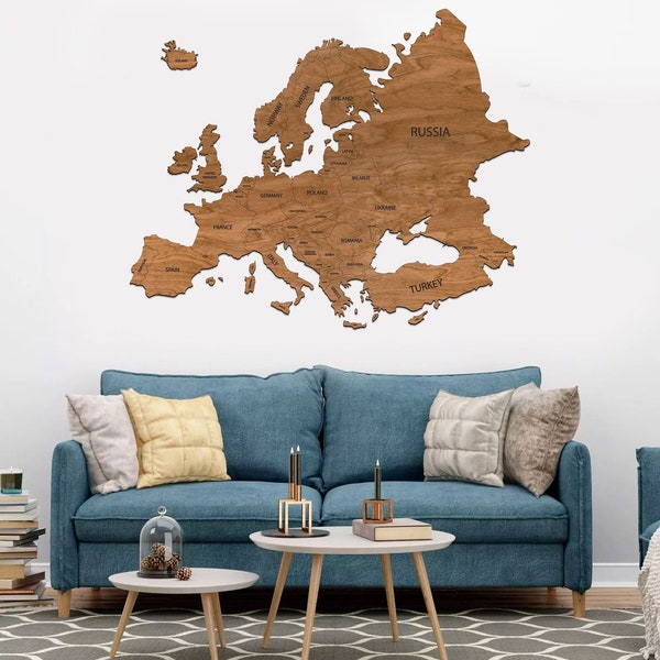 Mapa de madera de Europa / Decoración del hogar / Arte mural / Regalo para el novio marido / Mapa en la pared / Un regalo para Navidad / Mapa grabado /