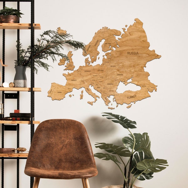 Mapa de madera de Europa / Decoración del hogar / Arte mural / Regalo para el novio marido / Mapa en la pared / Un regalo para Navidad / Mapa grabado /