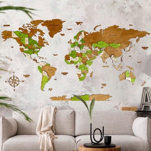 3D Weltkarte aus Holz in Lime | Einzigartige Wand Kunst Dekor | Reise Geschenk für Abenteurer | Umweltfreundliche Innendekoration