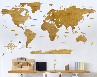 Mapa del mundo de contrachapado de haya / Nombres de países grabados, decoración rústica para el hogar