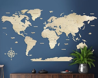 World Map Wood Wall Art, Travel Gift, Wall Decoration, Housewarming Gift, Welkarte, Wall world map wooden, office world map, poster