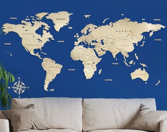 Mapa del mundo de madera 3D / Arte mural de contrachapado de haya, decoración de viaje