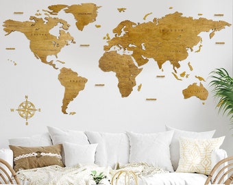 Wooden Wall Map of the World Map Rustic Home Decor Wood Art Gift, Wall map wooden office map poster Home Decor Modern Push Pin