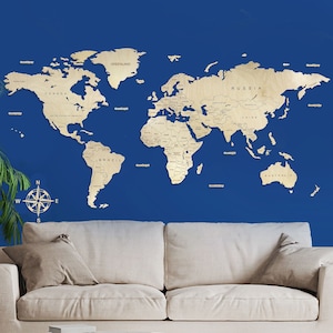 Carte murale en bois | Carte du monde en bois | Rose des vents | Cadres | Carte murale en bois| Décoration intérieure| Cadeau de Noël| Carte du monde épaisse | Voyage mural
