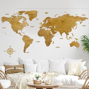 Wooden Wall Map of the World Map Rustic Home Decor Wood Art Gift, Wall map wooden office map poster Home Decor Modern Push Pin
