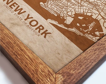 New York Wood Map, Oak Framed Wooden Wall Art