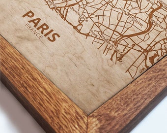 Paris map wall art, Paris wood map, Wood map of France wall art, Personalized for you, Street map of Paris, Gift for home, Oak frames