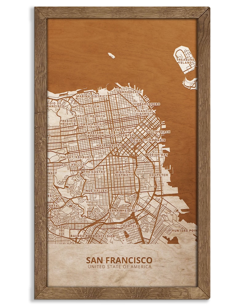San Francisco City Map Wall Art San Francisco Engraved Wood Etsy