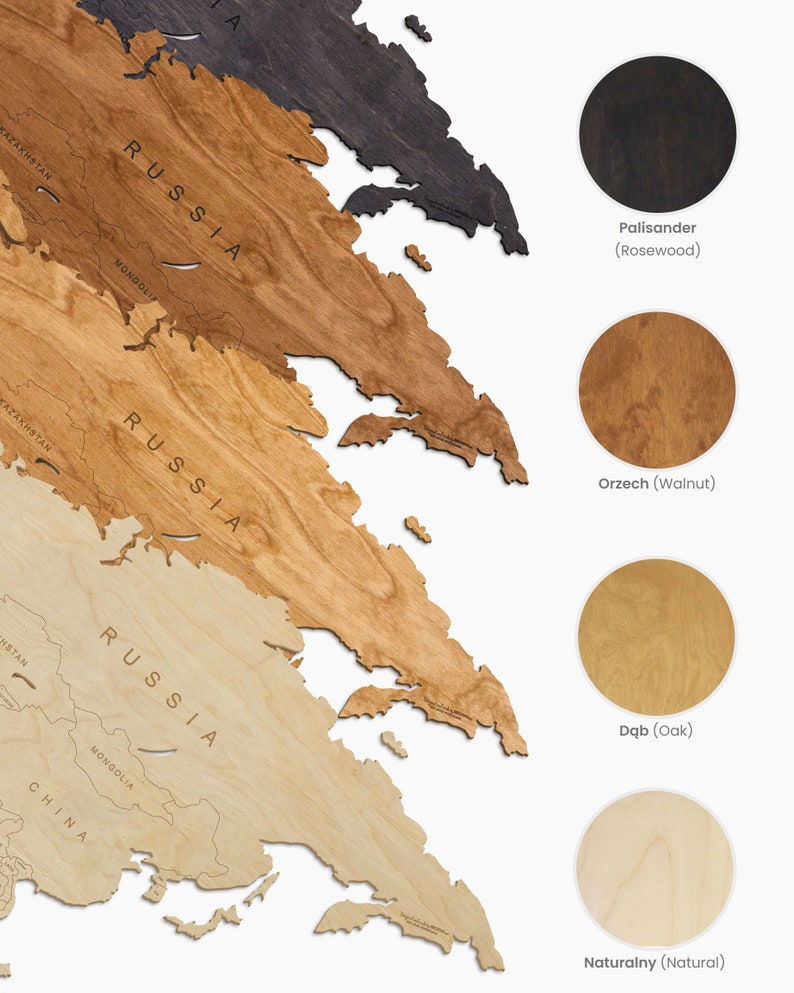 Puede incluir: Un mapa del mundo de madera con diferentes tipos de madera para cada continente. El mapa muestra partes de Asia, Europa y Rusia. Los tipos de madera son Palisander (Rosewood), Orzech (Walnut), Dąb (Oak) y Naturalny (Natural).