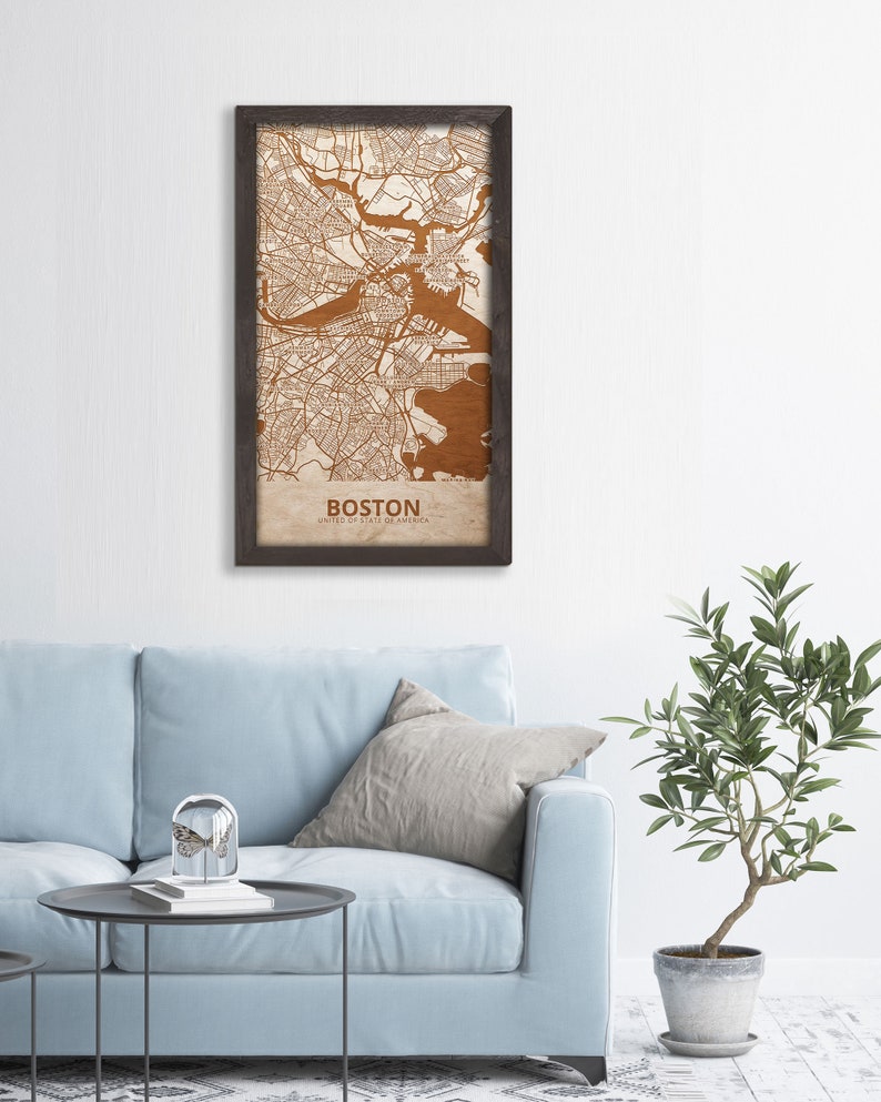 Engraved Boston Map, Oak Framed Wooden City Art image 8