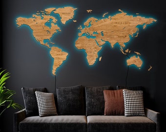 LED illuminated wooden world map with country signatures