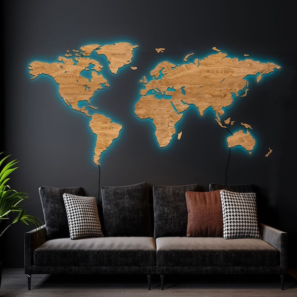 LED illuminated wooden world map with country signatures