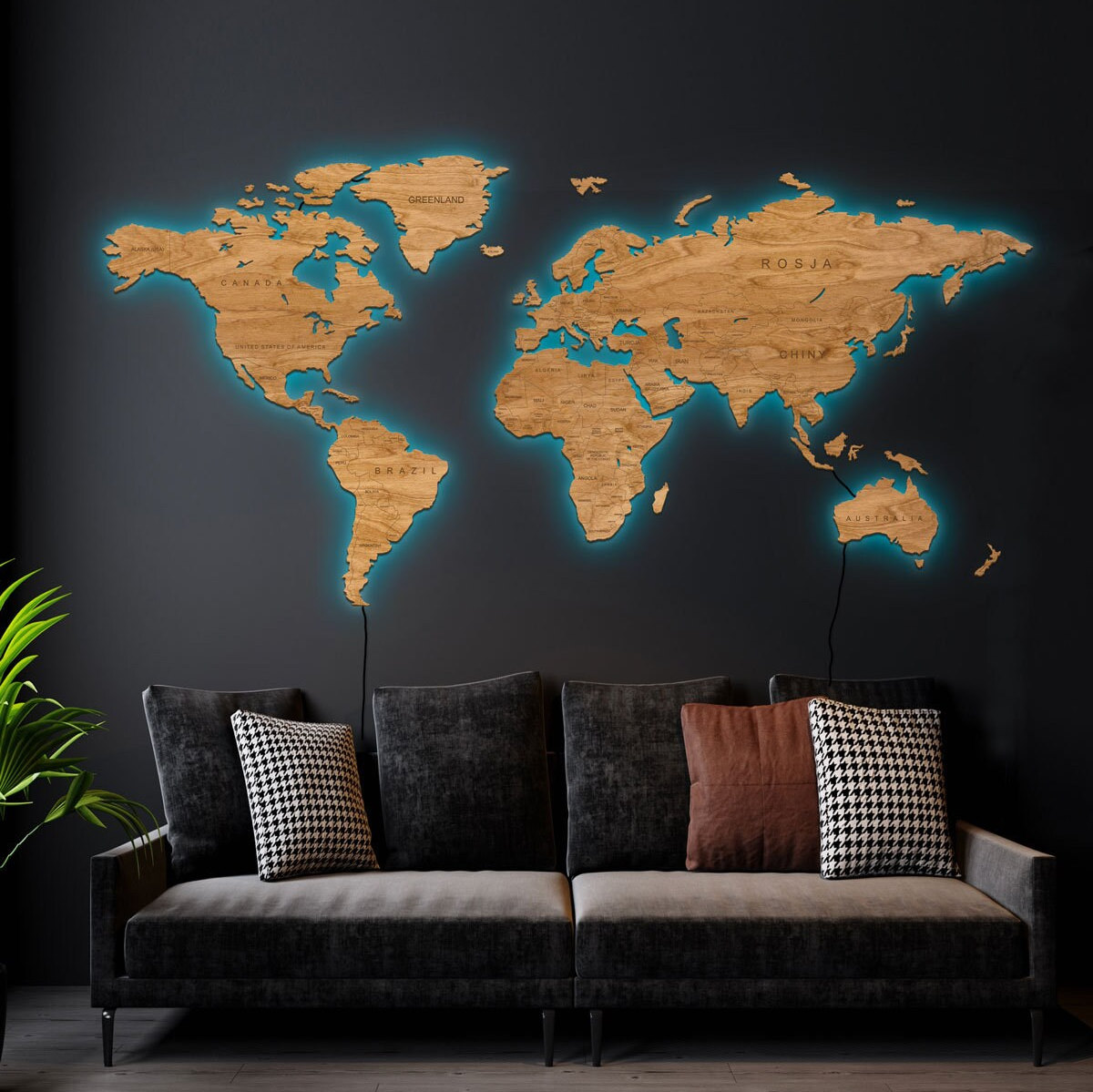 Birthday Gift Idea, Blue World Map as 3d Wall Panels, Hanging Wood Map With  Ambient Light and Changing Colors. Cheap Home Decor 