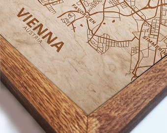 Vienna Map Wall Art, Austria Wood Map, Street map of Vienna, Vienna wooden Map, Gift for home, Gift for him, Austria map art, Oak frames