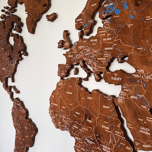 Wooden Wall Map with Cities and Rivers Wooden Map of the World Home Decor Wall Travel  Wooden World Map with Print