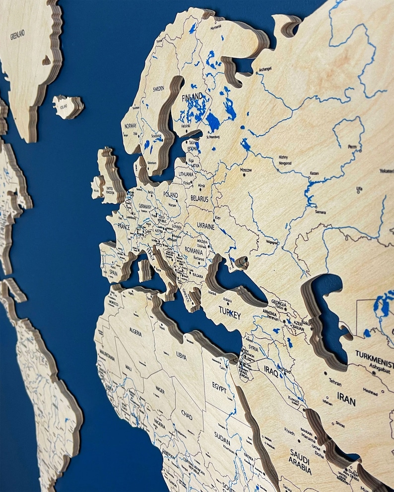 Wooden Wall Map with Cities and Rivers Wooden Map of the World Etsy