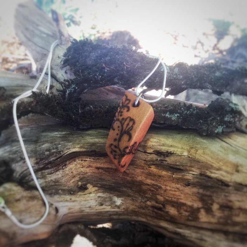 Hand-Carved Wooden Pyrography Necklace