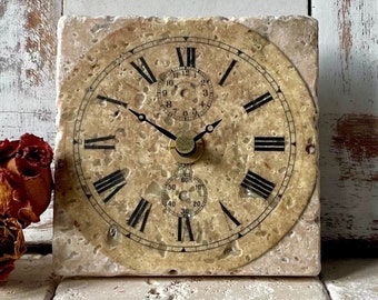 Tile clock Italian design, mini clock, table clock “vintage look” home decoration upcycling