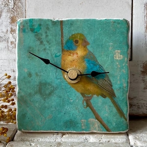Könnte beinhalten: Quadratische dekorative Uhr mit einer bunten Vogelillustration. Der Vogel hat gelbes, blaues und grünes Gefieder und sitzt auf einem Ast vor einem türkisfarbenen Hintergrund. Die Uhr hat schwarze Zeiger und eine goldfarbene Mitte.