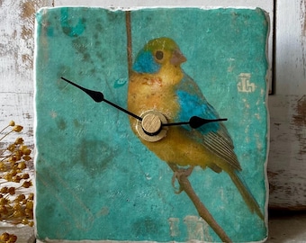 Mini reloj antiguo de mármol único, reloj de mesa, reloj de azulejos “Pájaro”